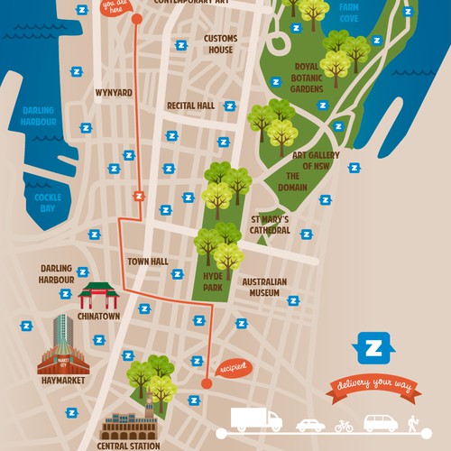 Design key visual - Incorporating a stylised map of Sydney and how our service works.