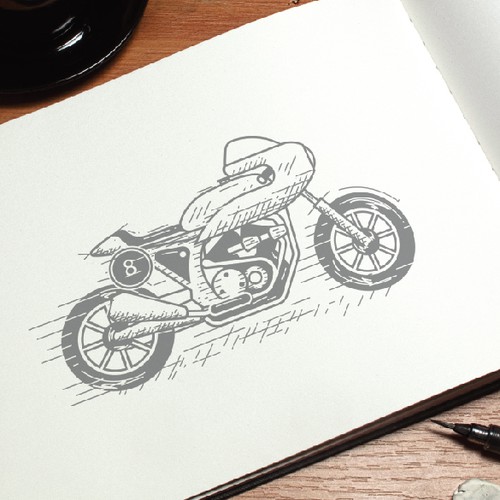 Pen and ink style motorcycle drawing for Tumult