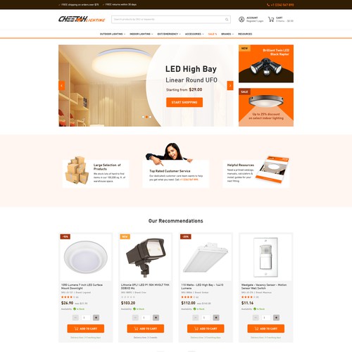 Homepage design for Cheetah Lighting's magento powered e-commerce site 