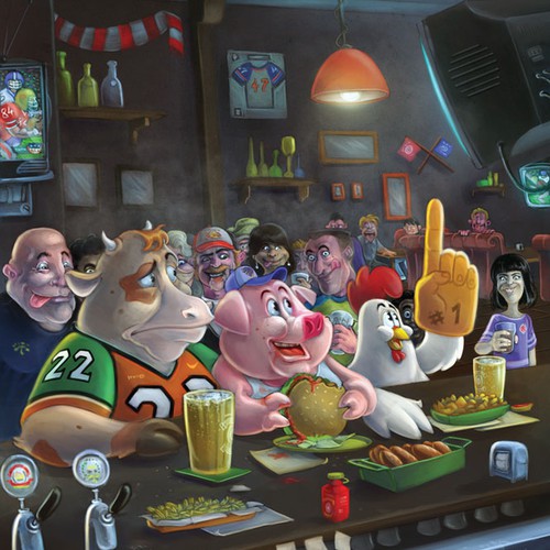 Funny Cartoon Illustration - Cow, Pig and Chicken in a Bar