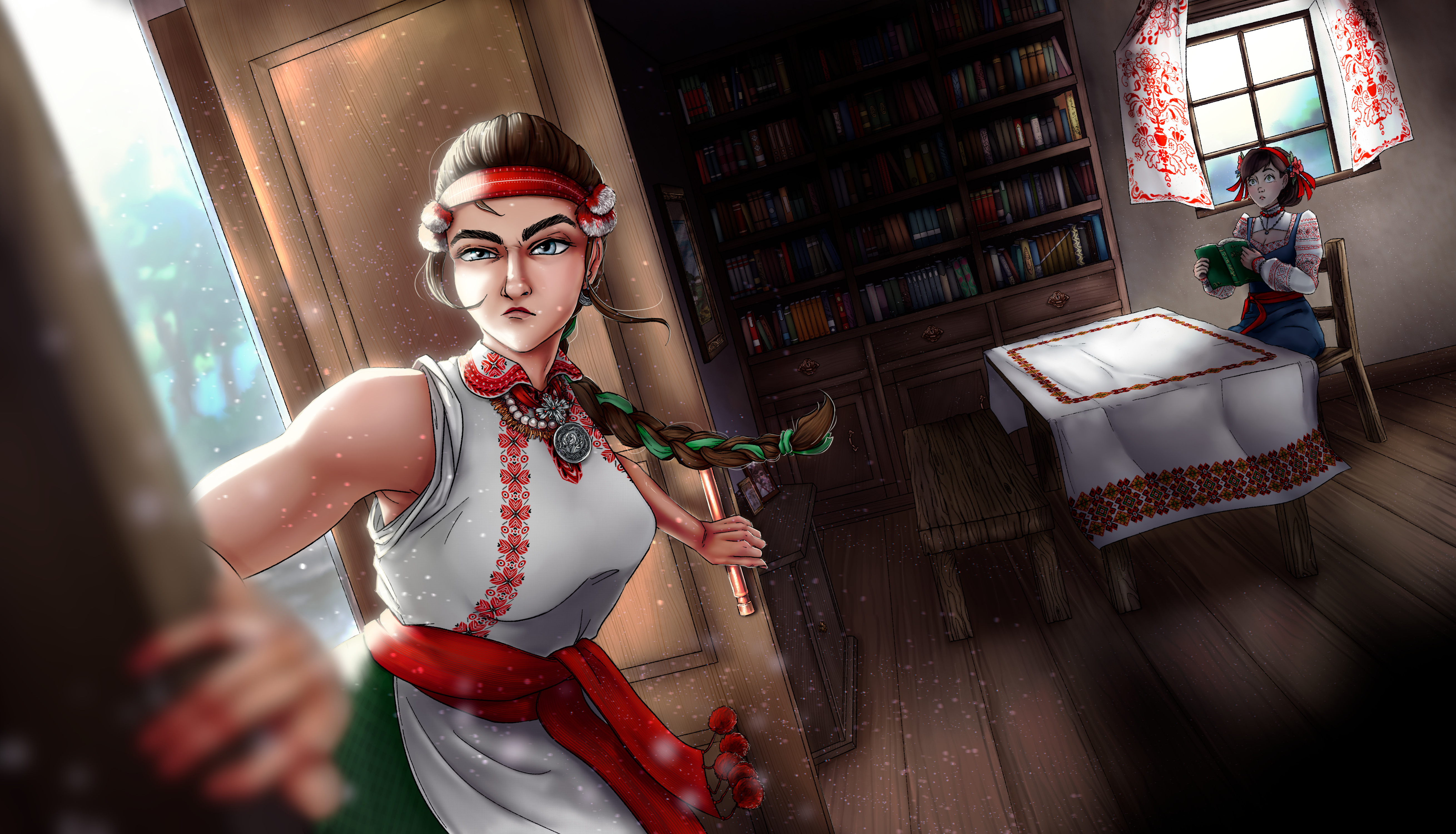 Muscular nerdy woman in the library 