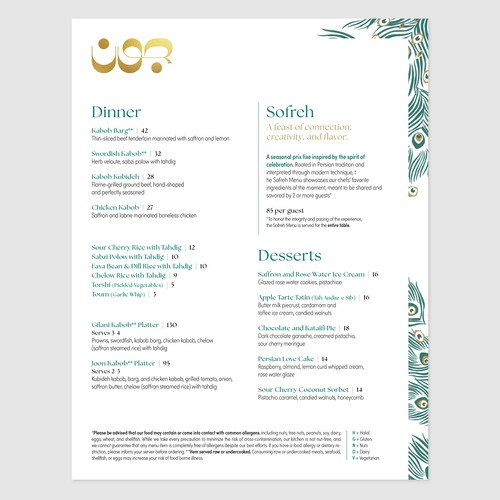 Menu for fine-dining restaurant