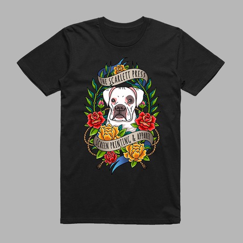 Vibrant, Traditional Tattoo Style T-shirt Boxer Dog. 