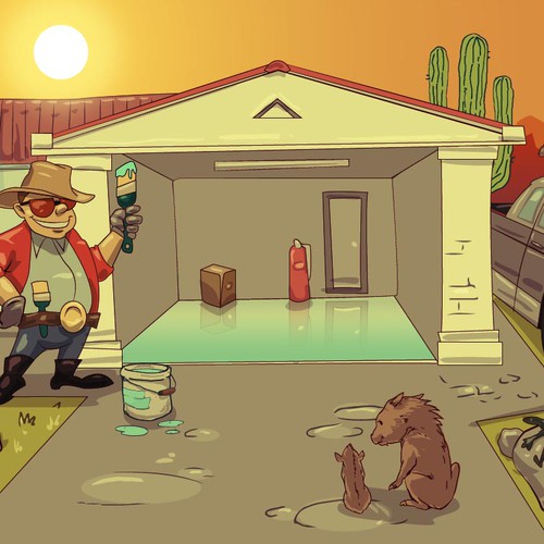 Cartoonish postcard-sized GIF image to advertise a garage floor painting business in Phoenix, AZ.