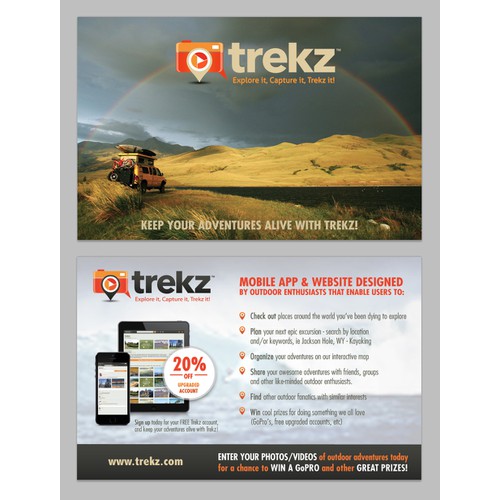 **Guaranteed $** Promo postcard for HOT new outdoor focused socialmedia app & website - TREKZ!