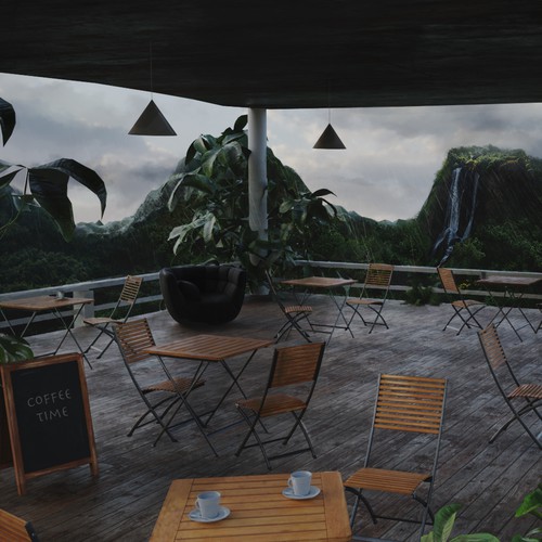 Aesthetic coffee shop in rainy tropic