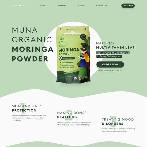 MUNA Organic Moringa Powder Landing Page Concept