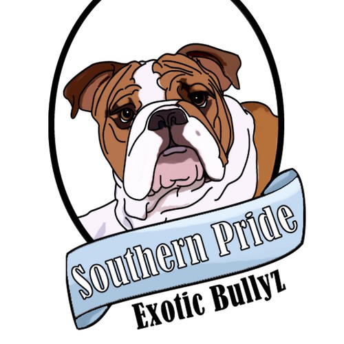 Create a detailed Exotic English Bulldog logo with Mascot for Southern Pride Exotic Bullyz
