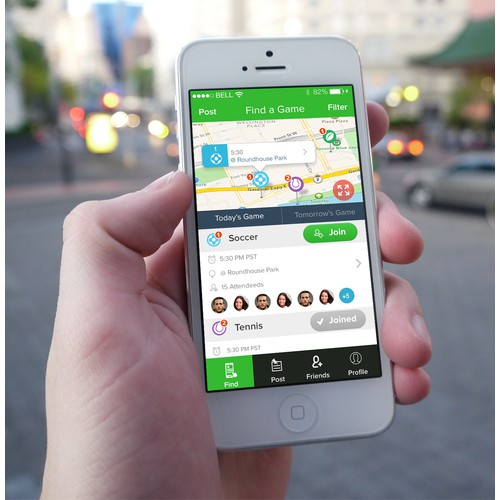 Create a sleek mobile design for an iOS app to find pick-up sports games