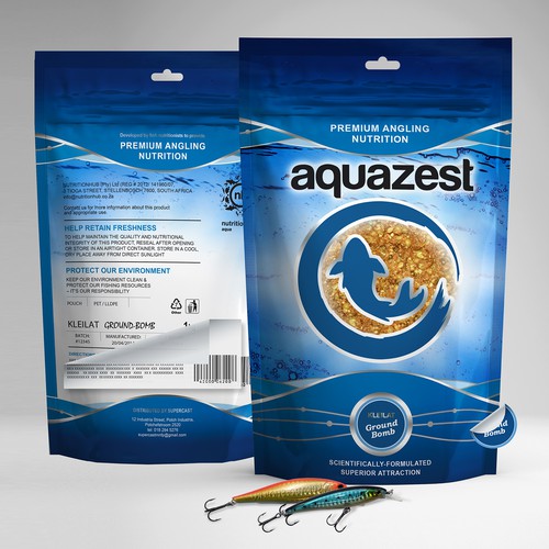 Create a unique packaging design for Aquazest angling baits