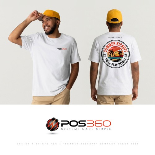 Design t-shirts for a 'Summer Kickoff' company event, incorporate our logo into the design.
