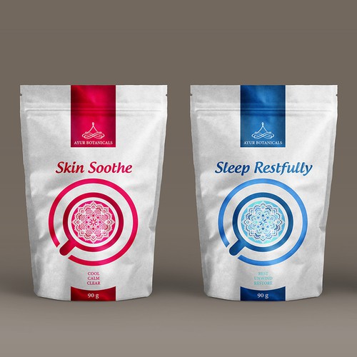 Ayur Botanicals needs a standout elegant front label for a range of 8organic herbal beverage blends.