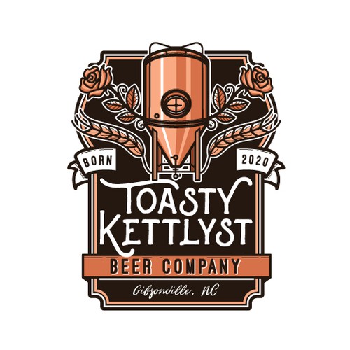 Historical brewery logo with roses and copper kettle