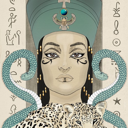 Cleopatra VII portrait & leopard and snakes 