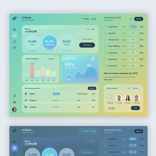 Web UI/UX design for Stream finance control app
