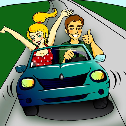 Create two illustrations depicting a couple driving in a car