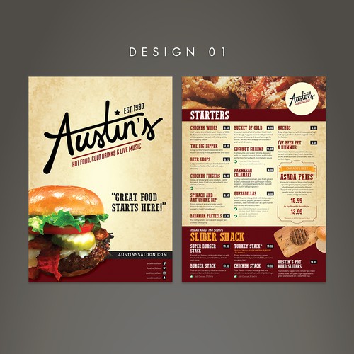 Design a Western USA/American country style Restaurant Menu