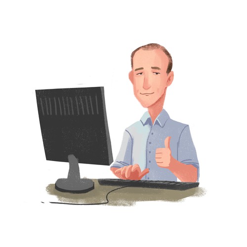 Create a bold, fun cartoon of me at a computer!