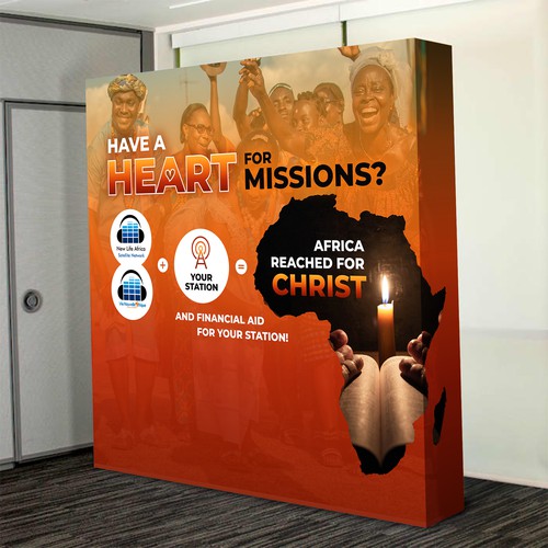 Eye-catching & heart-warming design for trade show booth for Christian radio missions in Africa