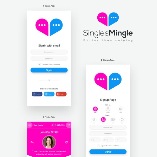 Cool, Modern, Clean Mobile App Pages For Singles Mingle