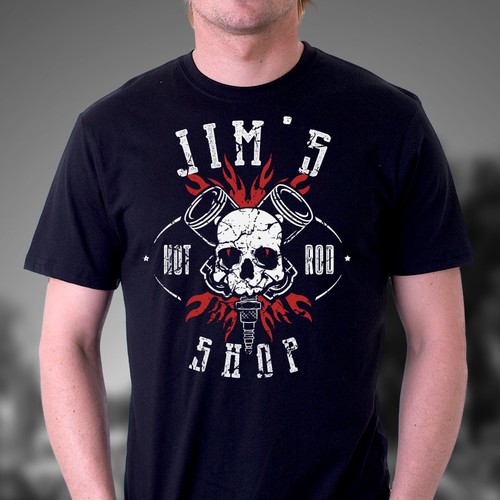 Create an attention-grabbing t-shirt design for Jim's Hot Rod Shop