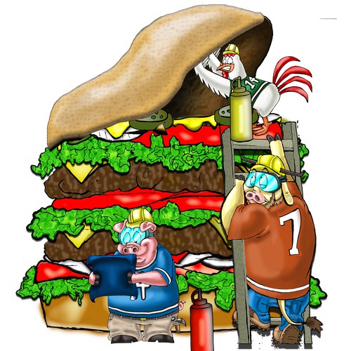 Cartoon Illustration - Farm Animals Building a Hamburger