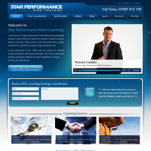 Clean clear professional home page website design for Star Performance Mind Coaching