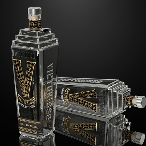 Showy, Zapotec inspired design for a customized bottle of Mezcal