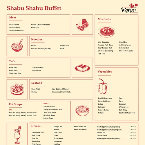 Menu design for Kanpai (buffet)
