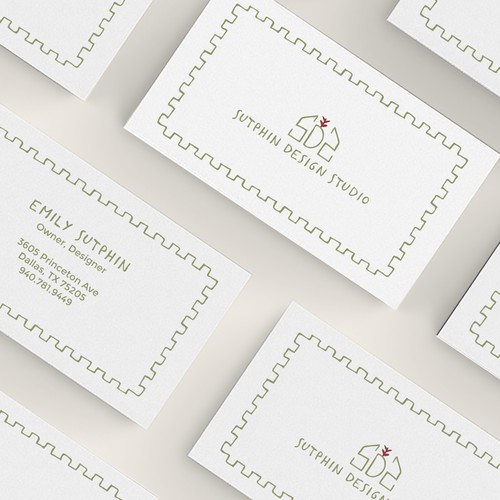 Hand drawn logo and a business card design with a custom made hand written font for an interior designer