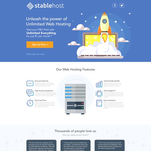 Landing page for web hosting company