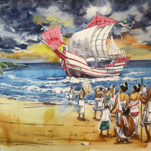 Title: An ancient ship arriving at the South Indian shore 