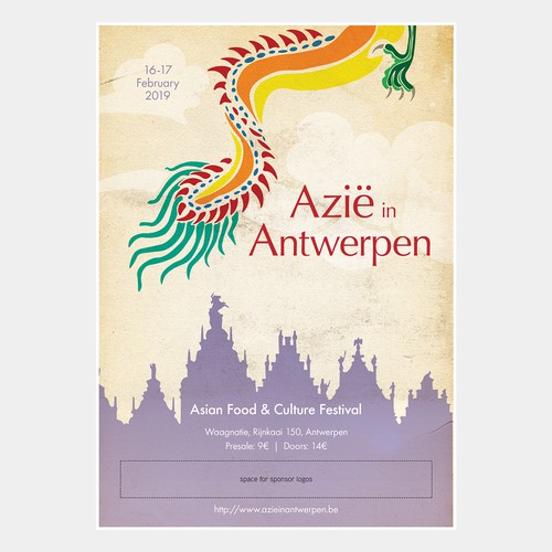 Event poster for an Asian Food and Culture Festival in Antwerp, Belgium.
