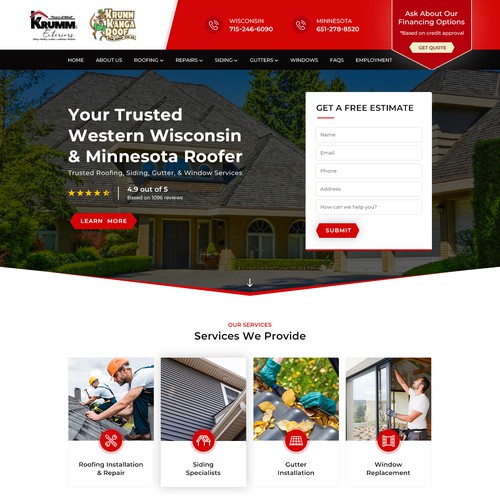 Landing page for roofing company