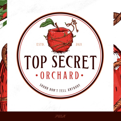A classic and whimsical logo design for Top Secret Orchard