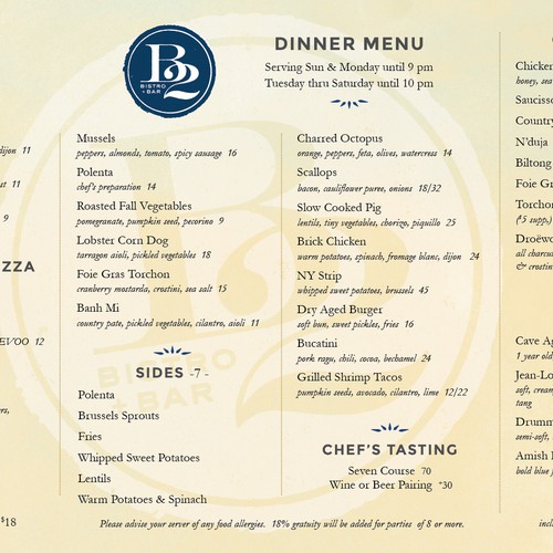 Clean Euro style Bistro menu