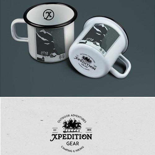Design a vintage enamel mug for a premium camping/hiking company