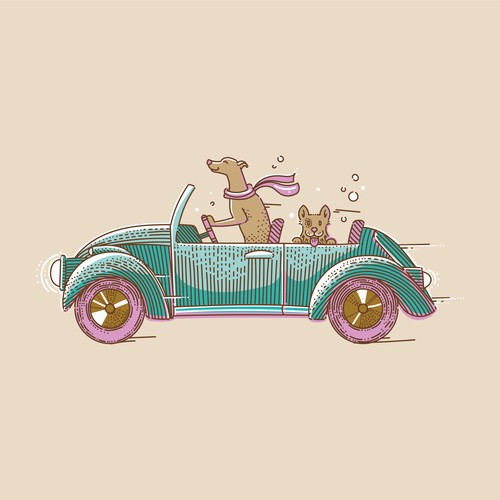 Illustration of dogs driving a car