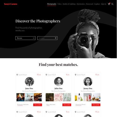 Samy's Camera Photography Website landing page