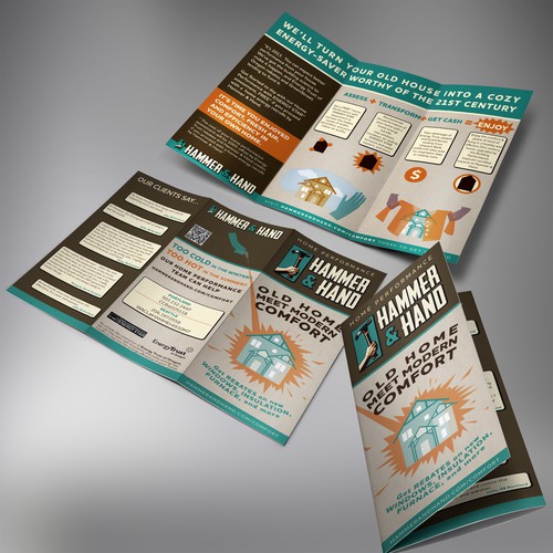 Brochure design - groovy Space Age vibe for home energy performance services!
