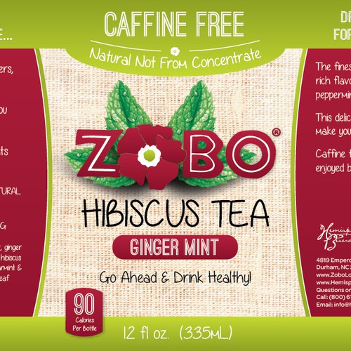 Create a compelling beverage label for our new ready-to-drink Hibiscus Tea with GingerMint Flavor