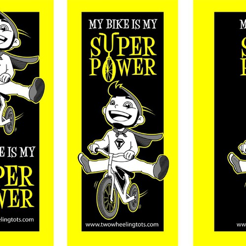 Create an illustration of a toddler acting like a super hero on a balance bike for use on a T-shirt