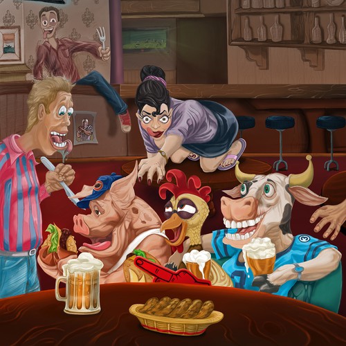 Funny Cartoon Illustration - Cow, Pig and Chicken in a Bar Contest!