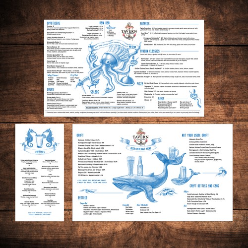 Menu design with a seaside theme caputring the charm of this restaurants location