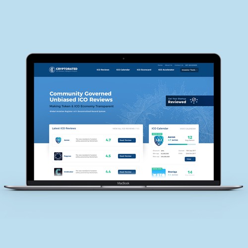 Initial Home Page layout for ICO review website Cryptorated