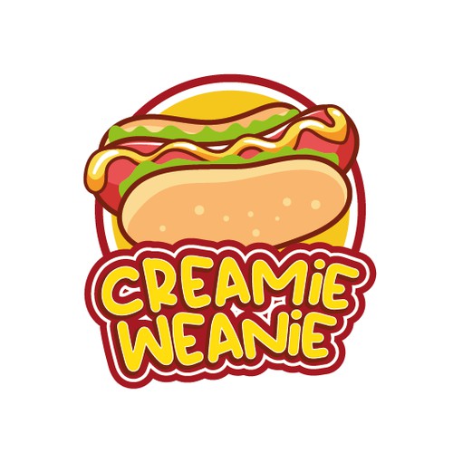 A fun logo for ke hotdog business named CREAMIE WEANIE.