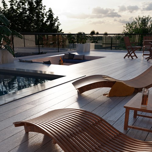 3D render of a balcony pool deck