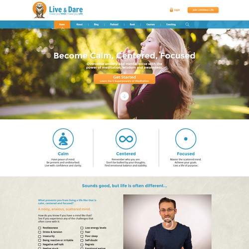 Homepage design for meditation site.