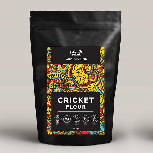 Cricket flour and energy bar labels