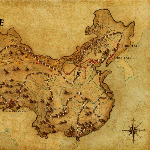Annotated, vintage map of China for travel/adventure book